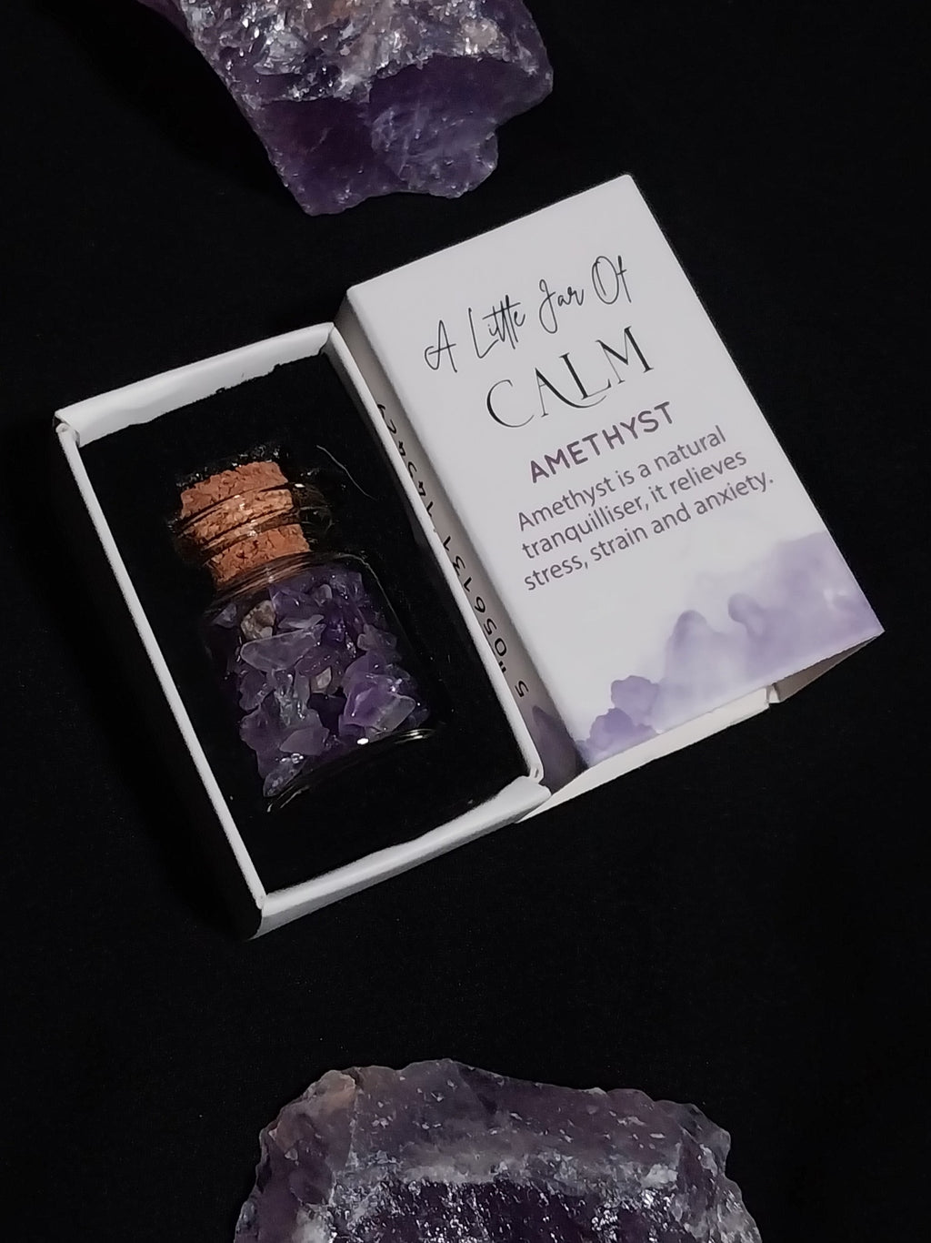 Jar of Calm Amethyst Crystal in a Matchbox