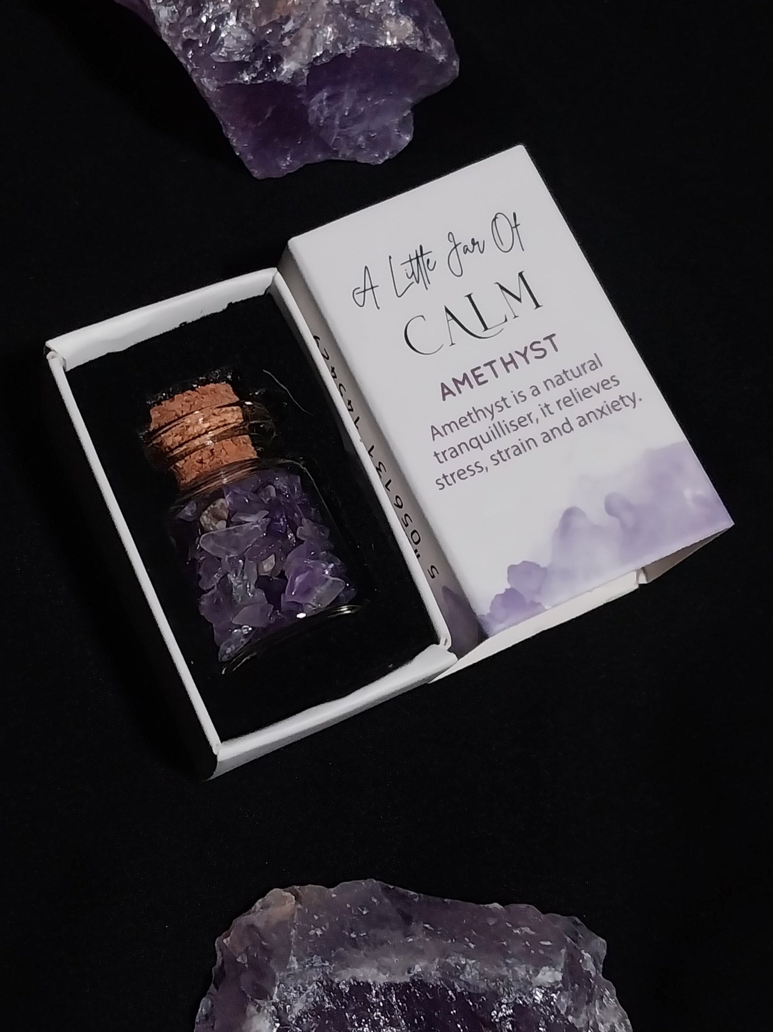 Jar of Calm Amethyst Crystal in a Matchbox