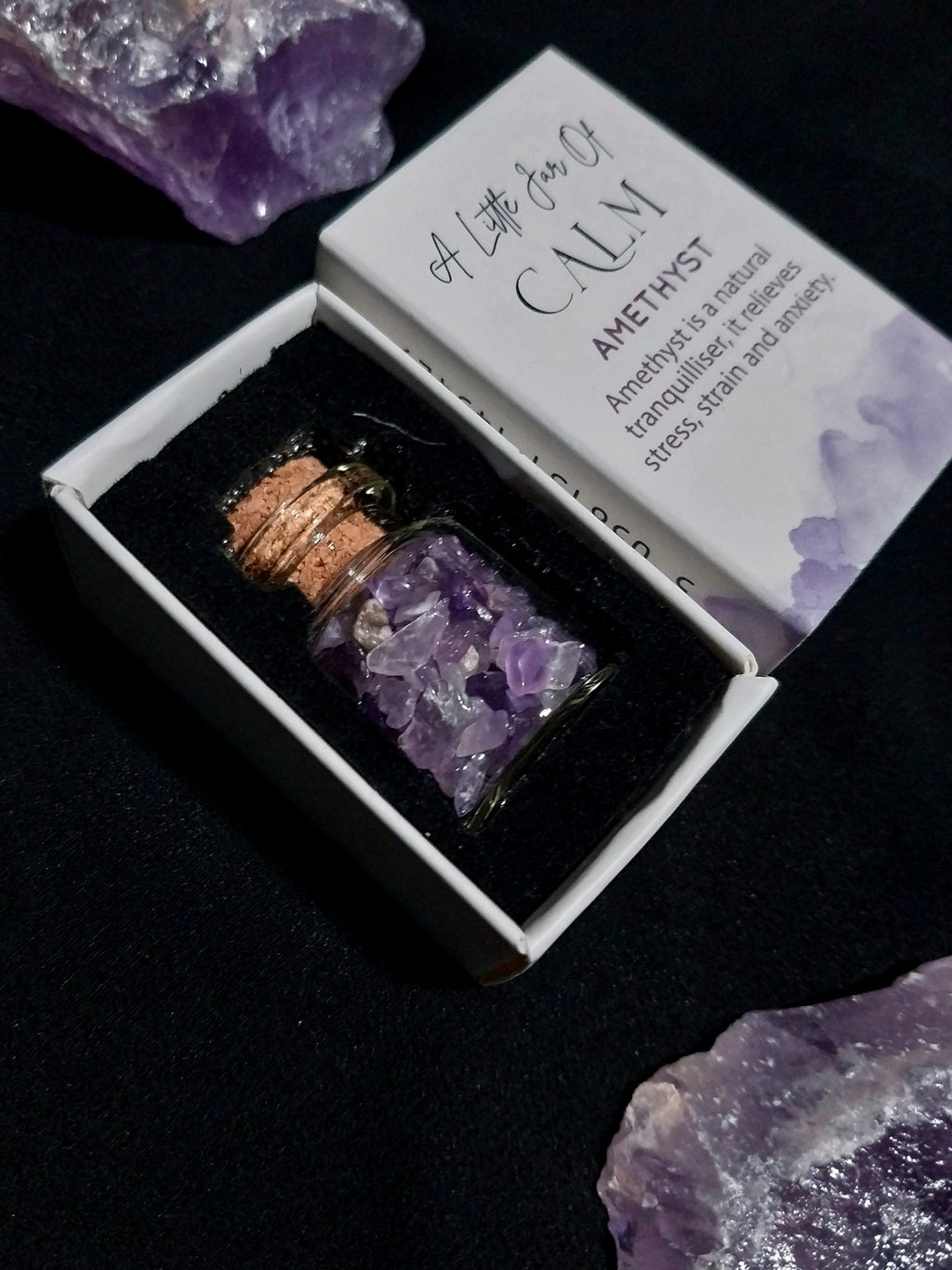Jar of Calm Amethyst Crystal in a Matchbox