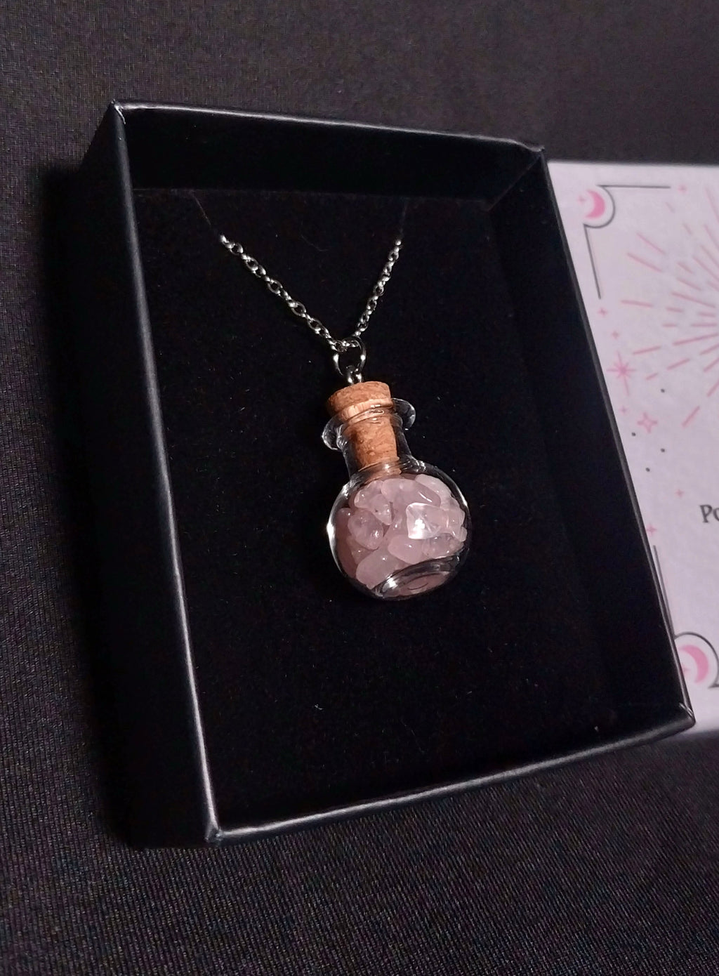 Rose Quartz Crystal Chip Potion Bottle Necklace